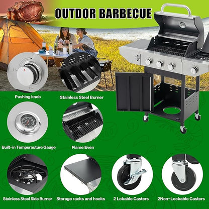 Zateety 3 Burner Propane Grill - 40,500 BTU Gas Grill with Side Burner, Stainless Steel with Iron Cast Grates for Outdoor Cooking, Patio, Camping BBQ, Garden Barbecue Grill, Black and Silver