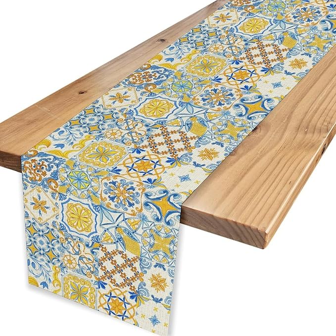Mexican Table Runner, Blue Rustic Mexico Talavera Ceramic Dia De Los Muertos Coffee Table Center Decor for Family Home Kitchen and Dining Farmhouse Indoor Outdoor Table Decorations, 13" X 90"