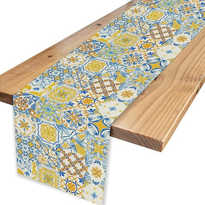 Mexican Table Runner, Blue Rustic Mexico Talavera Ceramic Dia De Los Muertos Coffee Table Center Decor for Family Home Kitchen and Dining Farmhouse Indoor Outdoor Table Decorations, 13" X 90"