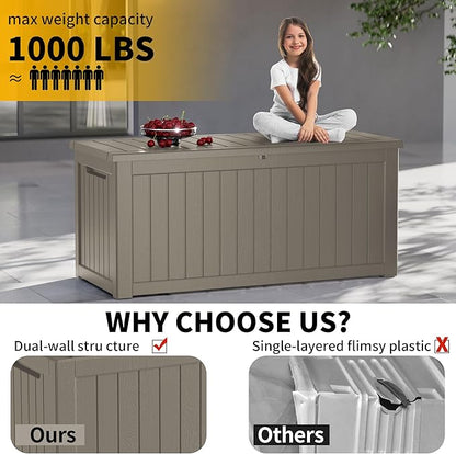 200 Gallon Deck Box, Resin Outdoor Indoor Waterproof Storage Box, Lockable Storage Box With Handle for Patio Furnitures - Garden Tools - Swimming Pool Tools UV Resistant (Grey, 200Gal)