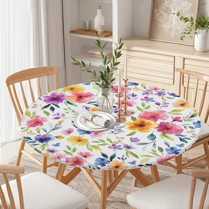 Spring Summer Floral Round Fitted Tablecloth with Elastic Watercolor Flower Outdoor Circle Table Cloth for 40-44" Tables Colorful Stretch Waterproof Washable Table Cover for Picnic Dining Party Decor