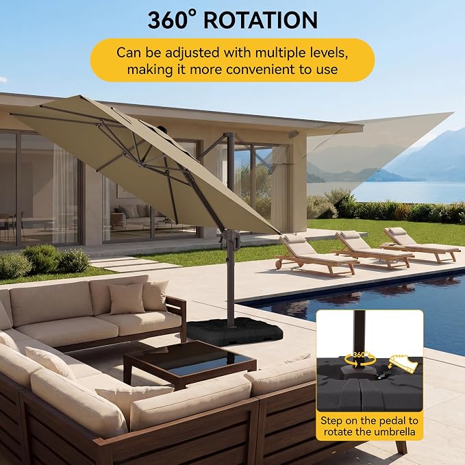 10x10FT Cantilever Outdoor Umbrella, 360° Rotating Large Offset Square Patio - Image 6