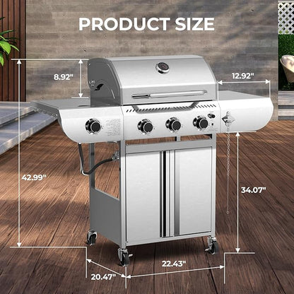 G31 pro Gas Grill 34,000 BTU 3-Burner Propane Grill with Side Burner, Stainless Steel BBQ Grill, Cast Iron Grates & Portable Cart with Wheels，Outdoor Barbecue Grill for Backyard, Patio, Camping