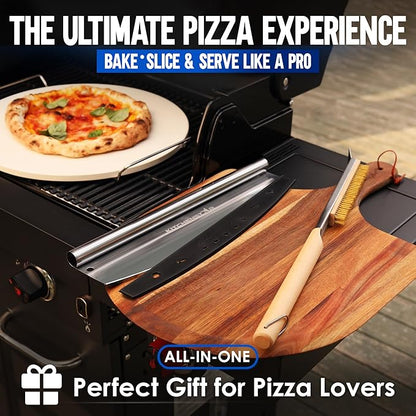 KitchenStar 16-inch Pizza Making Set, 6 PCS - Pizza Stone + Stainless Steel Rack, Acacia Wood Pizza Peel, Pizza Cutter Rocker + Protective Cover, Metal Brush - Oven & Grill Accessories Kit