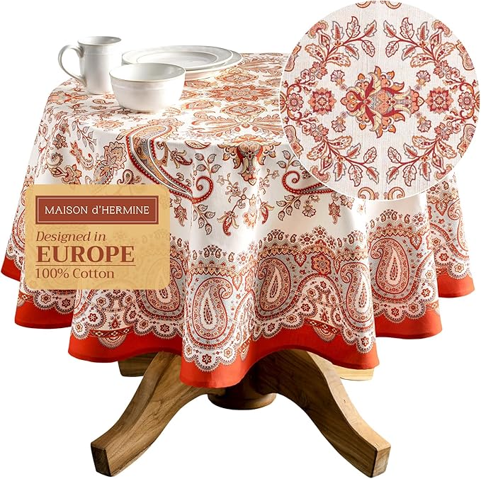 Maison d' Hermine Table Cloth Round Table 100% Cotton 63 Inches Fall Tablecloth Reusable Everyday Use for Thanksgiving Christmas Decorations Dining Farmhouse Party (Cachemire)