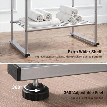ELYKEN 40'' Tall Standing Towel Racks, 3 Tier Towel Drying Rack Outdoor, Pool Towel Stand Blanket Holder with Shelf & 4 Removable Hooks, Metal Freestanding Towel Racks for Bathroom, Smooth Silver