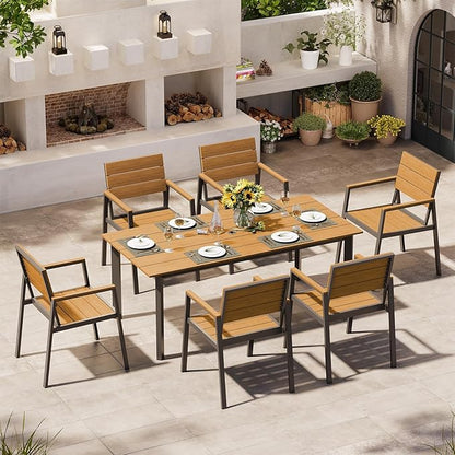 67" Rectangle HDPS Patio Dining Table, Aluminum Outdoor Patio Dining Table with Umbrella Hole, Weather-Resistant for Lawn, Garden, Yard, Poolside and Indoor Use (Gray & Teak)