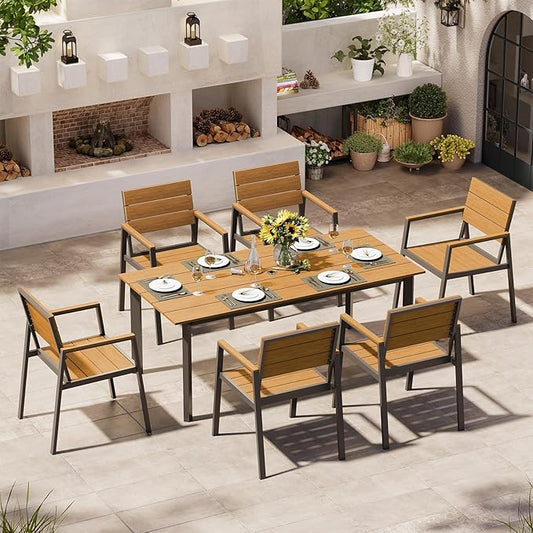 Outdoor Dining Set for 6, Patio Table and Chairs Set with Umbrella Hole, 7 Pieces HDPS + Aluminum Outdoor Furniture Sets for Patio, Garden (Gray & Teak)