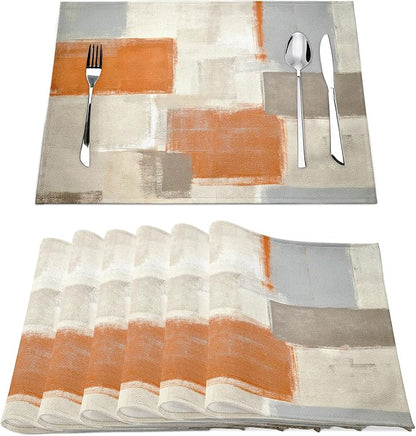Modern Art Placemats for Dining Table Set of 6 Orange Abstract Painting Place Mats Washable Beige Linen Placemat for Kitchen Home Dinner Party Decor 18x12 Inches