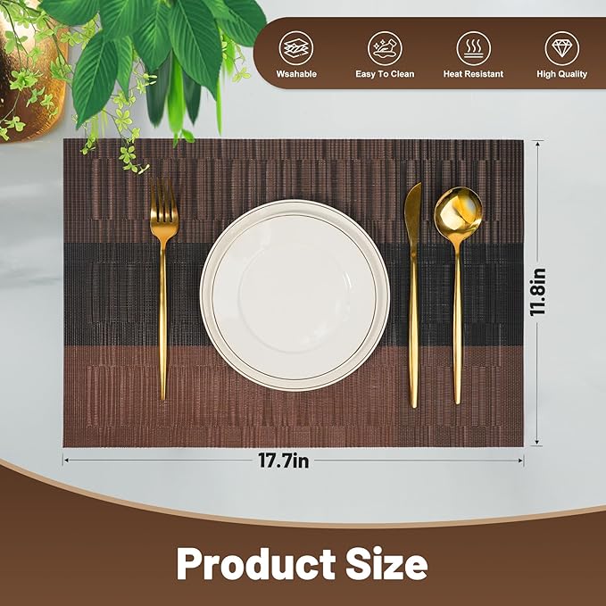 Placemats Set of 8，Non-Slip PVC Weave Table Mats Easy to Clean，Heat Resistant Place Mats for Kitchen Dining Table Decoration Indoor Outdoor，Black Brown