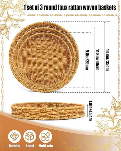 Woven Bread Basket, 3 Pack Wicker Fruit Baskets Rattan Bread Basket Poly Wicker Bread Baskets With Handles For Food Serving, Display, Vegetables, Home Kitchen, Restaurant, Outdoor (Round set)