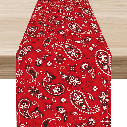 Red Paisley Table Runner, Rustic Damask Antique Floral Flower Retro Boho Swirled Pattern Vintage Coffee Table Center Decor for Family Kitchen and Living Room Outdoor Table Decorations, 13"x90"