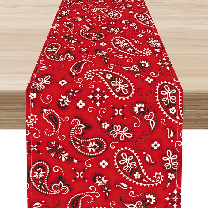 Red Paisley Table Runner, Rustic Damask Antique Floral Flower Retro Boho Swirled Pattern Vintage Coffee Table Center Decor for Family Kitchen and Living Room Outdoor Table Decorations, 13"x36"