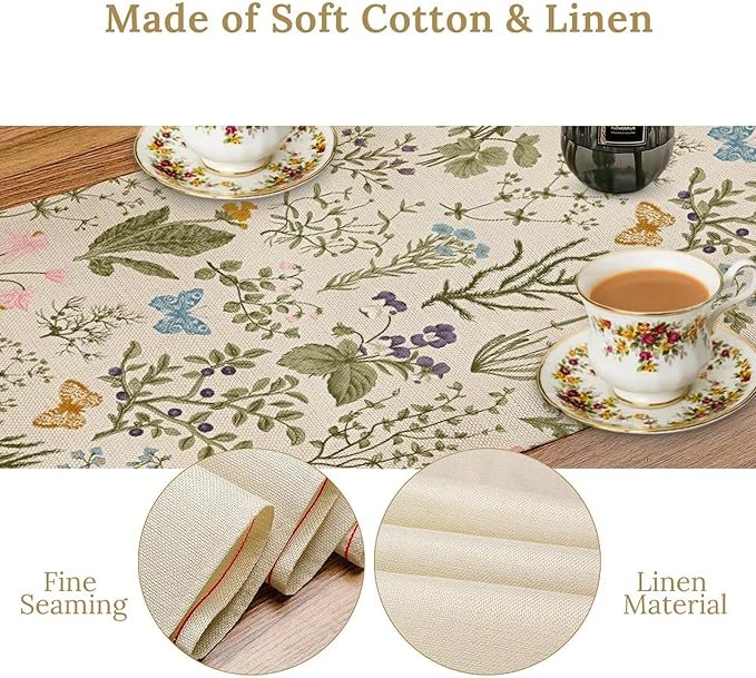 Vintage Wildflower Table Runner,Spring Floral Herbs Botanical Summer Butterfly Print Table Runner for Kitchen Dining Table Home Party Decor 13x70in