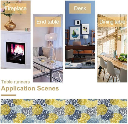 Dahlia Flower Table Runner,Blue Yellow Floral Print Table Runner for Kitchen Dining Table Dinner Holiday Home Party Indoor Outdoor Decor 13x120in