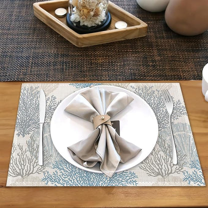 Coastal Beach Placemats Set of 6,Shell Starfish Coral Heat Resistant Table Mats Washable Place Mats for Party Kitchen Farmhouse Home Dining Holiday Decor 12x18 Inch