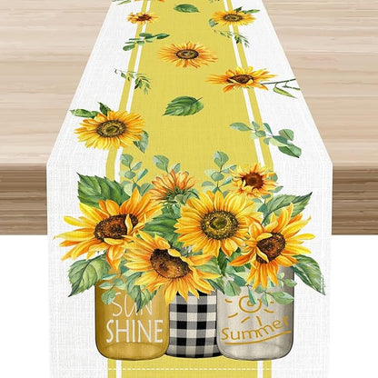 Sunflower Table Runner, Watercolor Yellow Floral Vase Spring Sunshine Summer Farmhouse Rustic Coffee Table Center Decor for Home Kitchen Dining Patio Indoor Outdoor Table Decorations, 13"x36" Inch