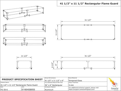 Celestial 41.25" x 11" x 6" Wind Guard, fits The Celestial 36” x 6” Fire Pit Burner Pans