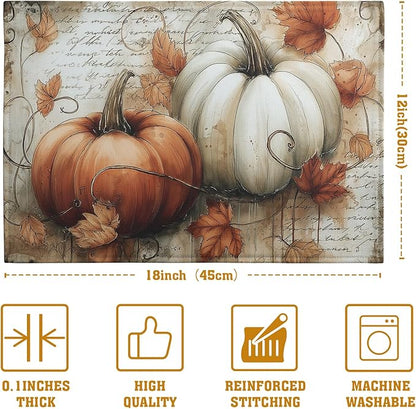 Fall Vintage Pumpkin Leaves Placemats Set of 4 Autumn Thanksgiving Harvest Linen Dinner Place Mats 12x18 Burnt Orange and White Rustic Farmhouse Decorative Kitchen Table Mats