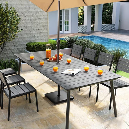 95" Patio Outdoor Dining Table for 8-10, Weather-Resistant Aluminum Frame with Wood-Grain Top & Umbrella Hole for Deck Gatherings, Grey