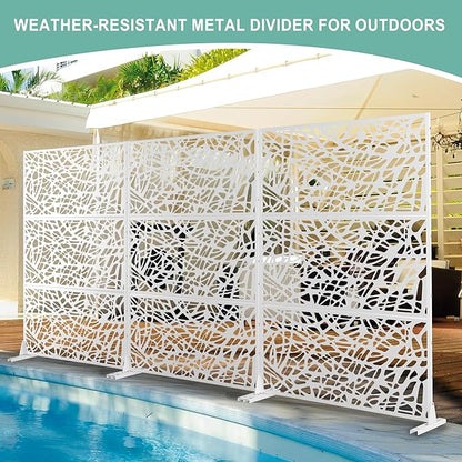 Metal Privacy Screen for Outdoor & Indoor Use, Free Standing Privacy Screen for Patio Garden Pool, 72" H x 47" W Decoative Privacy Panels, Weather Resistant, Easy Assembly (White Net)