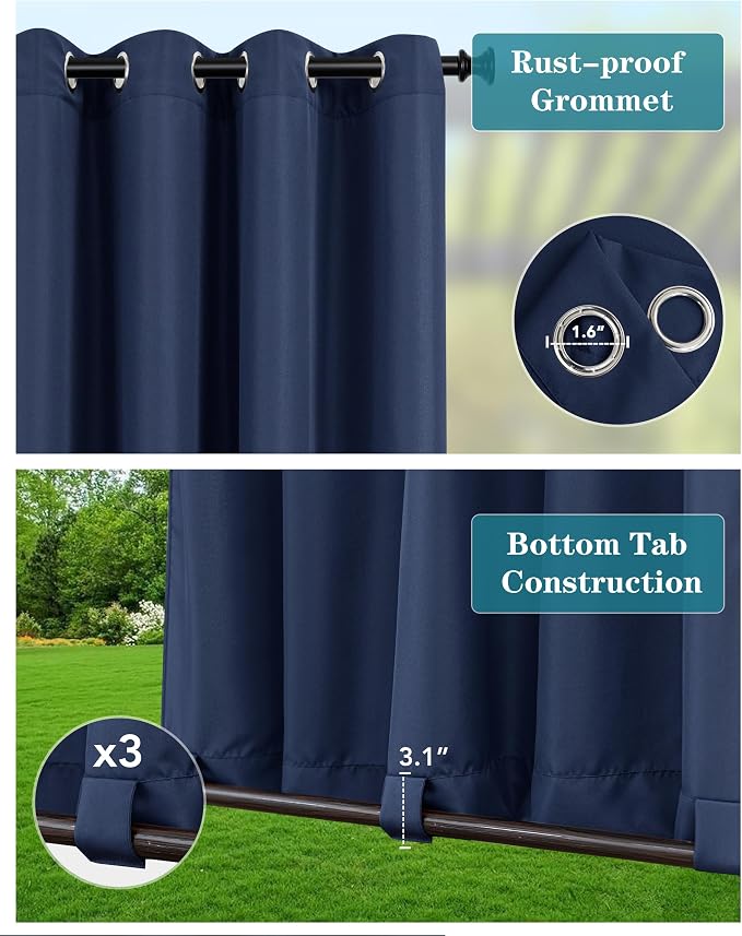 Windproof Outdoor Curtains for Patio Waterproof 4 Pcs 54x95 In Navy | Grommet - Image 2