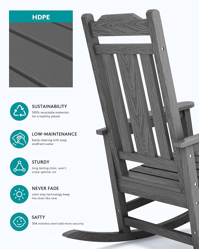 SERWALL HDPE Oversized Outdoor Rocking Chairs Set of 2, Patio Rocker, All - Image 7