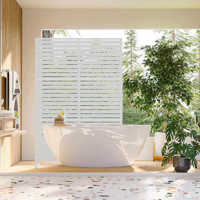 Metal Privacy Screen Outdoor 72" H×47" W,Freestanding Decorative Privacy Screen for Balcony Yard&Garden,Privacy Fence-White&Louvered