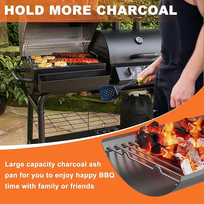 LS'BABQ 20" Ash Pan Charcoal Grill Replacement Parts with 2 PCS Fire Grate Hangers for Chargriller 5050, 5072, 5650, 2123 Charcoal Grills, Aluminized Steel for Chargriller MODEL #200157(20.4" x 12.8")