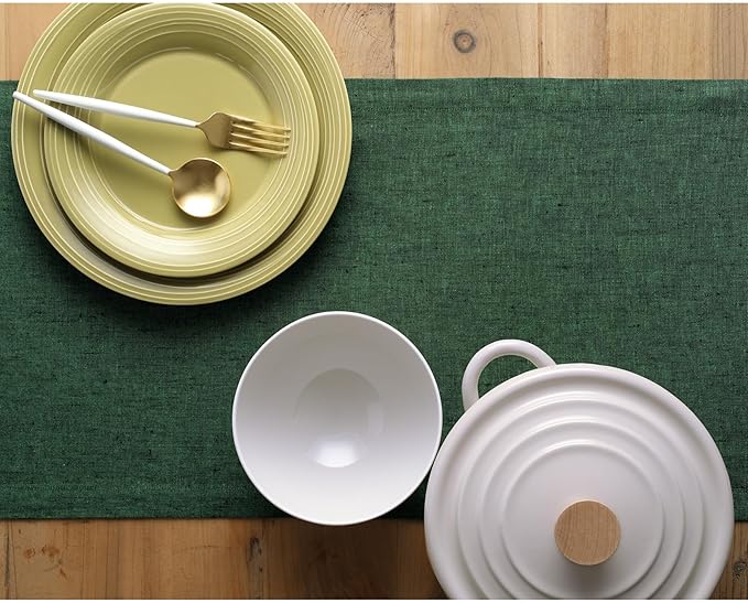 Solino Home Linen Forest Green Table Runner 108 Inches Long - Athena, 100% Pure Linen Dining Table Runner 14 x 108 Inch for Winter, Easter, St Patricks Day - Handcrafted and Machine Washable