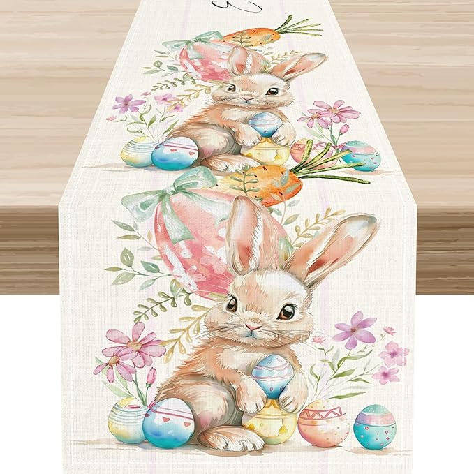 Easter Bunny Table Runner,Rustic Watercolor Bunnies Easter Eggs Carrots Floral Seasonal Table Center Decor for Family Kitchen Living Room Outdoor Farmhouse Party Table Decorations, 13"x72"