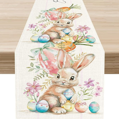 Easter Bunny Table Runner,Rustic Watercolor Bunnies Easter Eggs Carrots Floral Seasonal Table Center Decor for Family Kitchen Living Room Outdoor Farmhouse Party Table Decorations, 13"x90"
