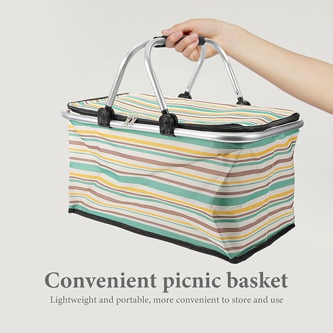 Wear-Resistant Insulated Picnic Basket and Foldable Shopping Tote for Outdoor Dining with Thick Aluminum Foil Lining, Yellow-Green Pattern, No Ice Pack, Vehicle Use and Food