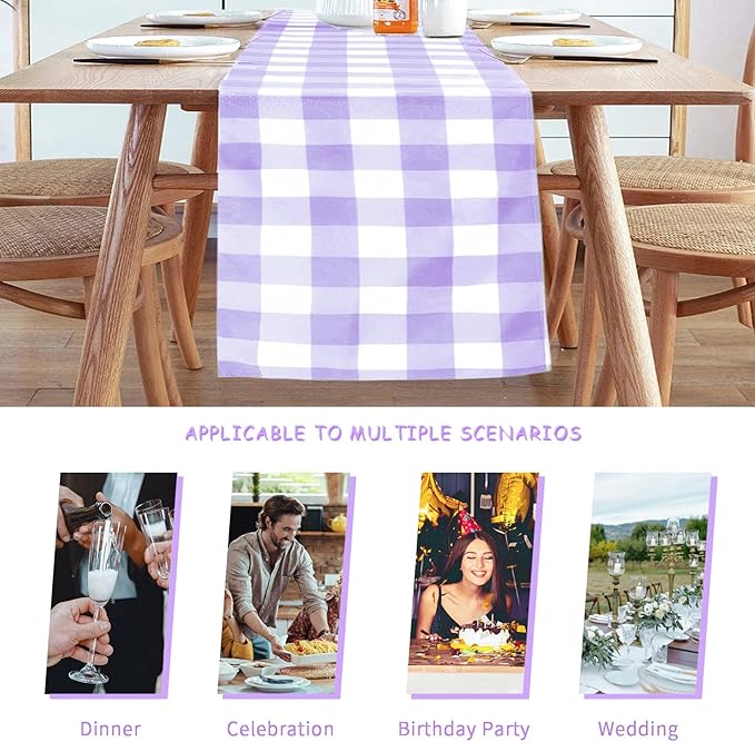 Fabric Checkered Table Runner 1 Pack Waterproof Gingham Table Runner 14W x 108L Buffalo Check Table Runners for Parties Kitchen Dining Wedding Banquet (Lavender and White)