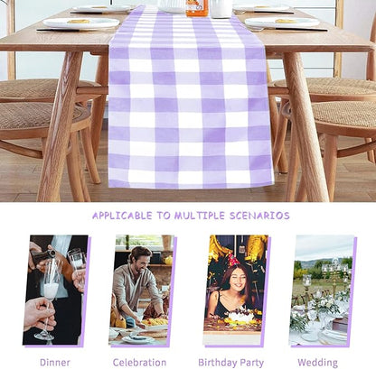 Fabric Checkered Table Runner 1 Pack Waterproof Gingham Table Runner 14W x 108L Buffalo Check Table Runners for Parties Kitchen Dining Wedding Banquet (Lavender and White)