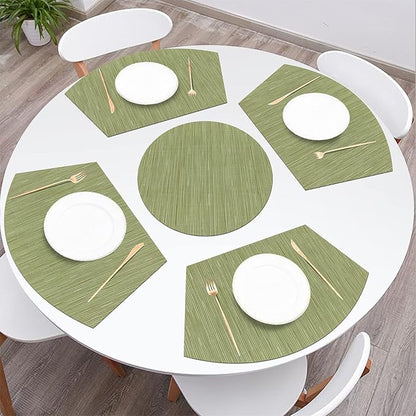 SHACOS Large Size Wedge Shape Placemats with Centerpiece Round Mat Set of 5 Round Table Place Mats Washable Dining Table Placemats Reversible, Green