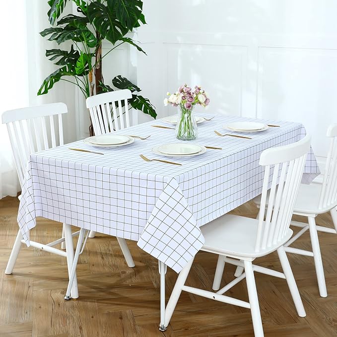 Romanstile Rectangle Vinyl Tablecloth, 100% Waterproof Oil-Proof Checkered Plastic Table Cloth, Heavy Duty Wipeable Table Covers for Dining, Camping, Picnic, Outdoor - 52 x 70 Inch, White