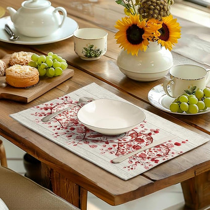 Valentine Wooden Heart Placemats Set of 4, 12x18 Inch Valentines Chinoiserie Red Floral Dining Table Placemats Heat Resistant Washable Table Mats for Kitchen Dining Holiday Indoor