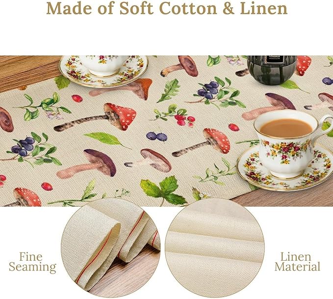 Mushroom Table Runner, Rustic Farmhouse Forest Plants Botanical Wildfloral Coffee Table Center Decor for Home Kitchen Dining Patio Holiday Party Indoor Outdoor Table Decorations, 13"x108" Inch