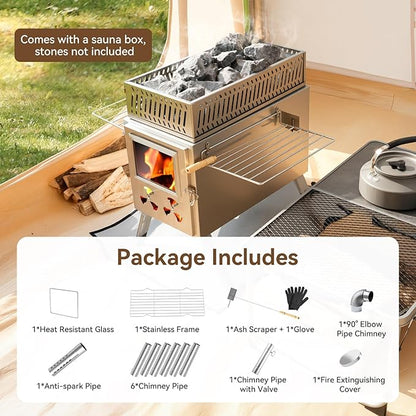 Sauna Hot Tent Stove, Rocket Camping Wood Burning Stove with 8 Stainless Chimney Pipes, Portable Folding Wood Stove for Tent, Outdoor Heating, Cooking, Ice Fishing, Hunting