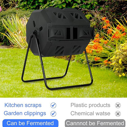 FDW Outdoor Compost Bin, 43 Gallon Dual Chamber Tumbling Composting Bin with Sliding Doors for Garden Patio Kitchen Yard，Black Door