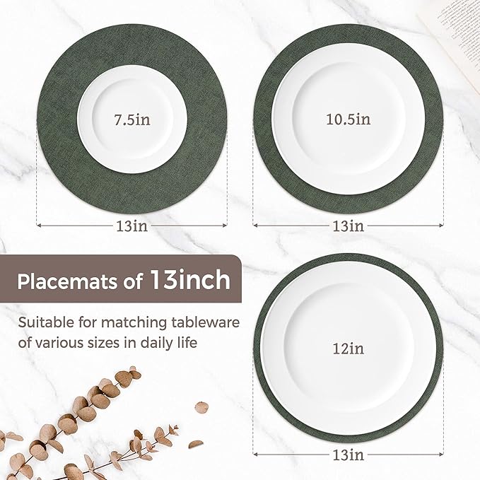 13" Round Placemats Set of 12, Reversible Faux Leather Heat Resistant Table Mats, 100% Waterproof Oilproof Wipeable Table Protective Placemats for Vinyl, Washable for Indoor (12, Dark Green)