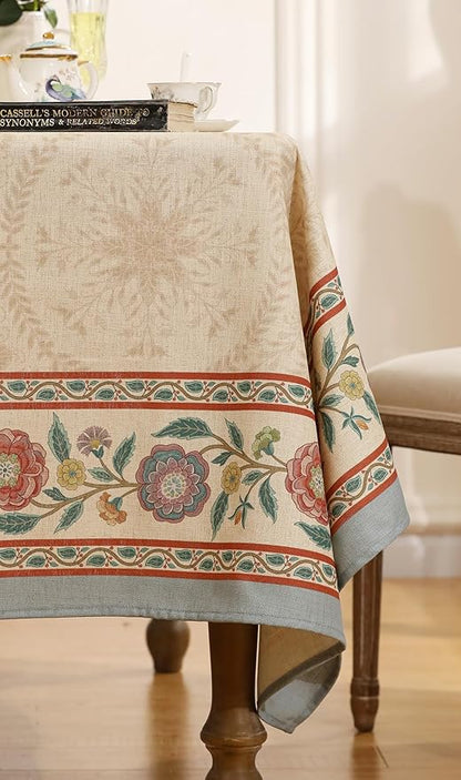Beige Linen Long Rectangle Tablecloth,Vintage Indian Style Soft and Colorfast Floral Tablecloths,Decor Table Cover for Kitchen,Dining,Thanksgiving,Christmas,63"*94"-Flowershadow E