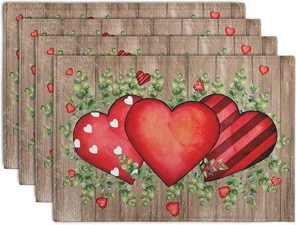 Valentines Day Wooden Plank Placemats Set of 4, 12x18 Inch Valentine Eucalyptus Leaves Heart Dining Table Placemats Wedding Washable Heat Resistance Place Mats for Party Kitchen Dining Decor