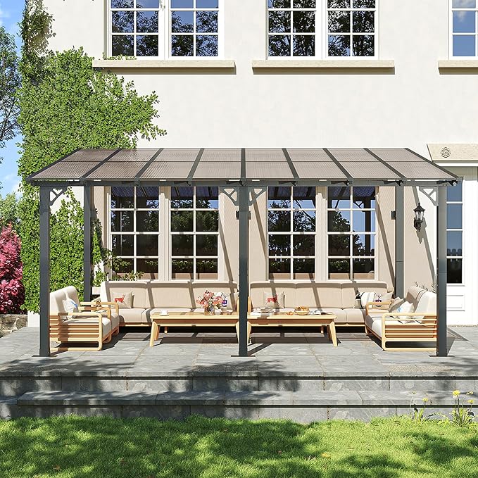 10' x 16' Lean to Gazebo Pergola, Hardtop Gazebo Metal Large Galvanized Steel - Image 9
