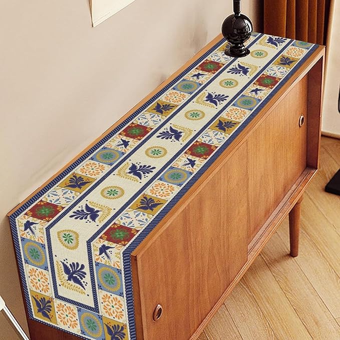 Mexican Table Runner, Blue Floral Birds Mexico Talavera Ceramic Dia De Los Muertos Coffee Table Center Decor for Family Home Kitchen and Dining Farmhouse Indoor Outdoor Table Decorations, 13" X 108"