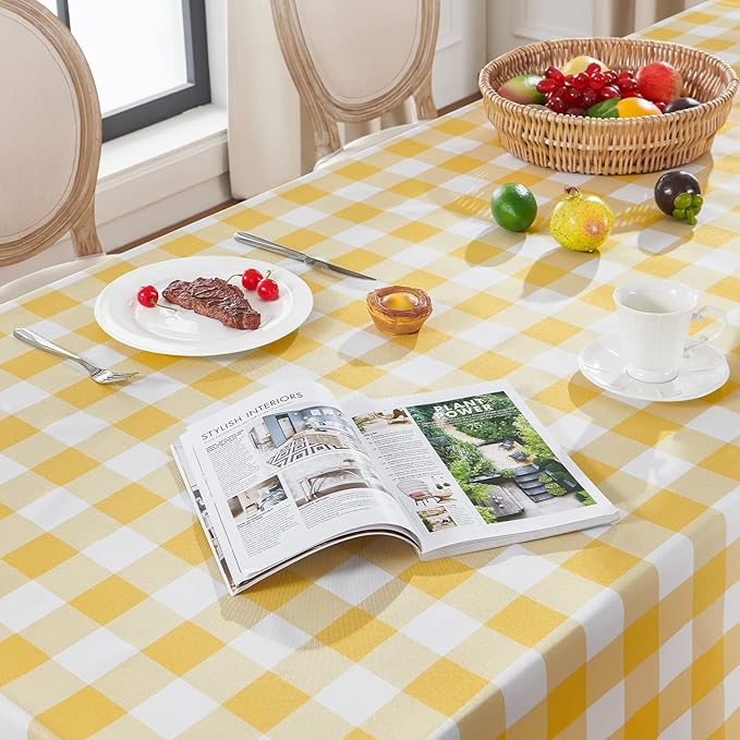 Softalker Gingham Checkered Tablecloth Square - Outdoor Waterproof Buffalo Plaid Table Cloth, Stain Resistant Washable Table Cover for Picnic, Camping, Dining - Yellow and White, 54 x 54 Inch