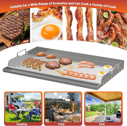Skyflame 25"x16" Stainless Steel Griddle Plate for BBQ, Hibachi, Flat Top Grill with Even Heating, Grease Groove, Foldable Handles, Ideal for Charcoal/Gas Grills, Camping, Tailgating, Outdoor Cooking