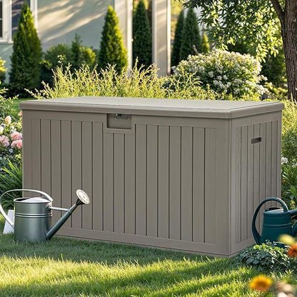 YITAHOME 200 Gallon Extra Large Deck Box, Double-Wall Resin Outdoor Storage Box with Flexible Divider for Patio Cushions Pool Supplies Garden Tools, 990 lbs Load Capacity, Lockable (Light Brown)