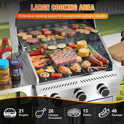 G31 Grill,3-Burner Gas Grill with Folding Shelf,Stainless Steel 24,000 BTU Propane Gas Grill,Outdoor BBQ Grill for Barbecue,Patio,Camping